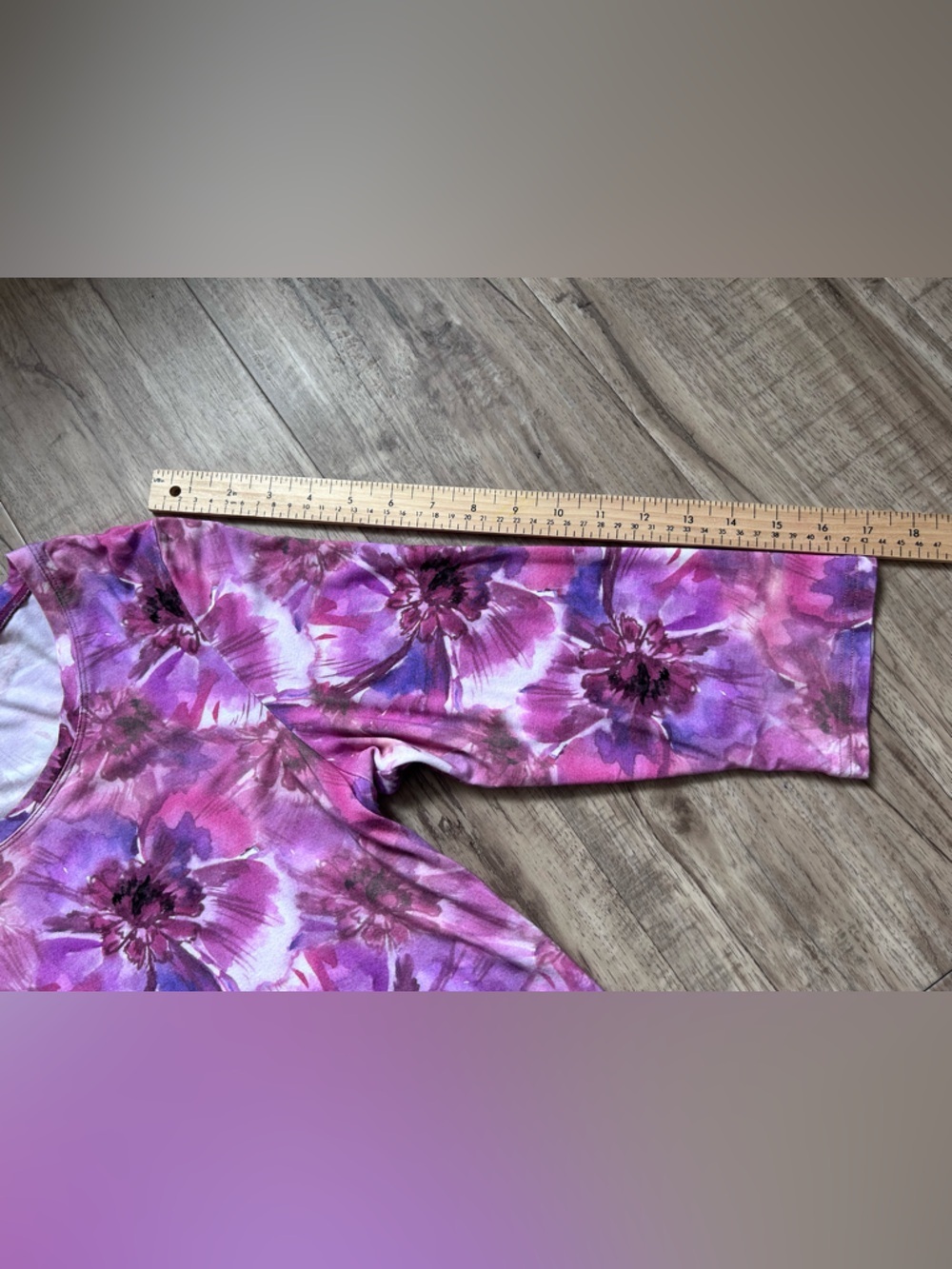 Blue Sky floral watercolor flower Women's Pink purple spring Scoop Neck 3/4 Top - Picture 5 of 8